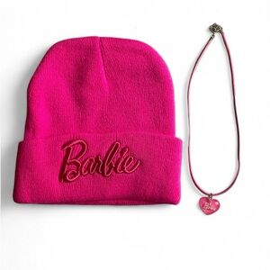Barbie Beannie Hot Pink Knitted Hat & Harrow Barbie Heart Leather Rope Necklace
